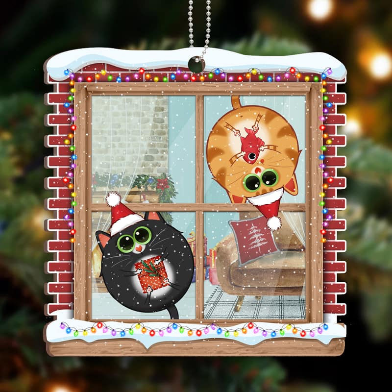 Funny Cat Hanging On Window Personalized Wooden Ornament - Image 3