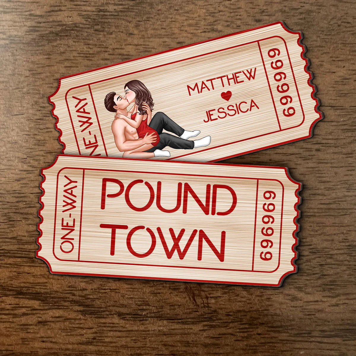 Funny Inappropriate Couple Pound Town Ticket - Personalized Wooden Ornament - Gift For Him, Gift For Her