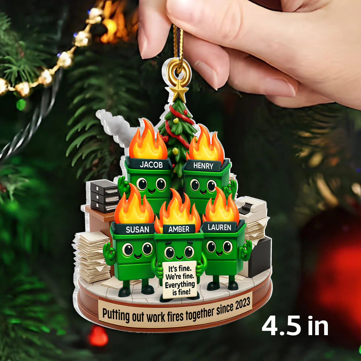 Funny Dumpster Fire Office Chaos Background - Personalized Acrylic Ornament - Funny Christmas Gift, White Elephant Gift for Coworkers - Image 2