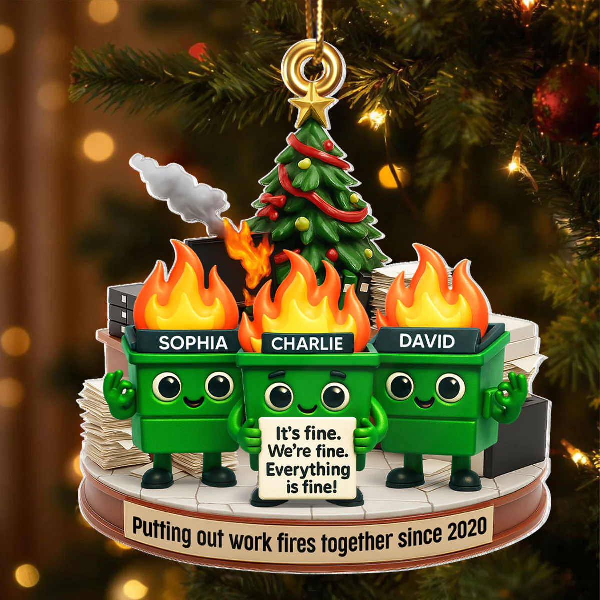 Funny Dumpster Fire Office Chaos Background - Personalized Acrylic Ornament - Funny Christmas Gift, White Elephant Gift for Coworkers - Image 3