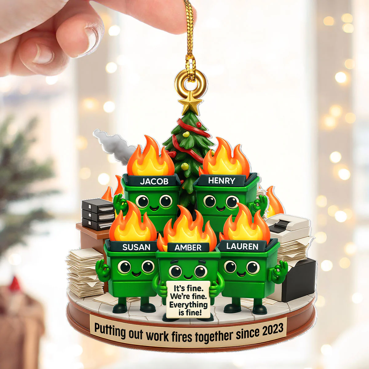 Funny Dumpster Fire Office Chaos Background - Personalized Acrylic Ornament - Funny Christmas Gift, White Elephant Gift for Coworkers - Image 4