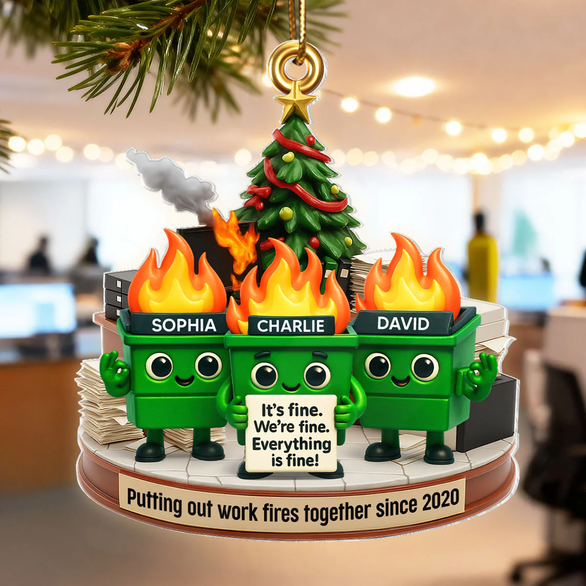 Funny Dumpster Fire Office Chaos Background - Personalized Acrylic Ornament - Funny Christmas Gift, White Elephant Gift for Coworkers - Image 5