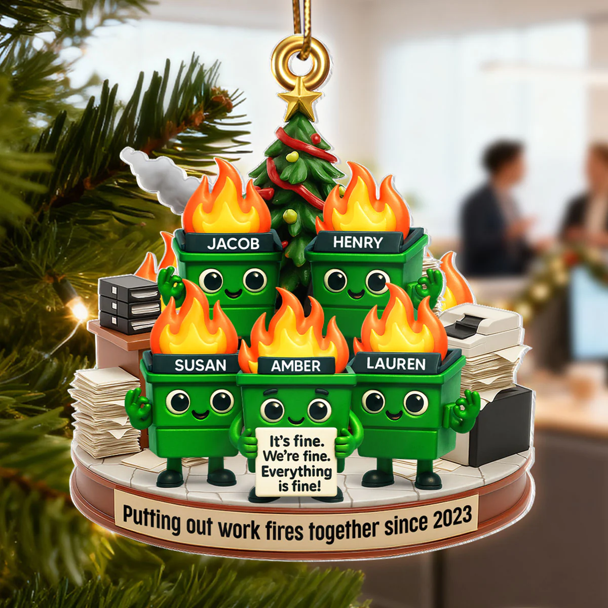 Funny Dumpster Fire Office Chaos Background - Personalized Acrylic Ornament - Funny Christmas Gift, White Elephant Gift for Coworkers - Image 6