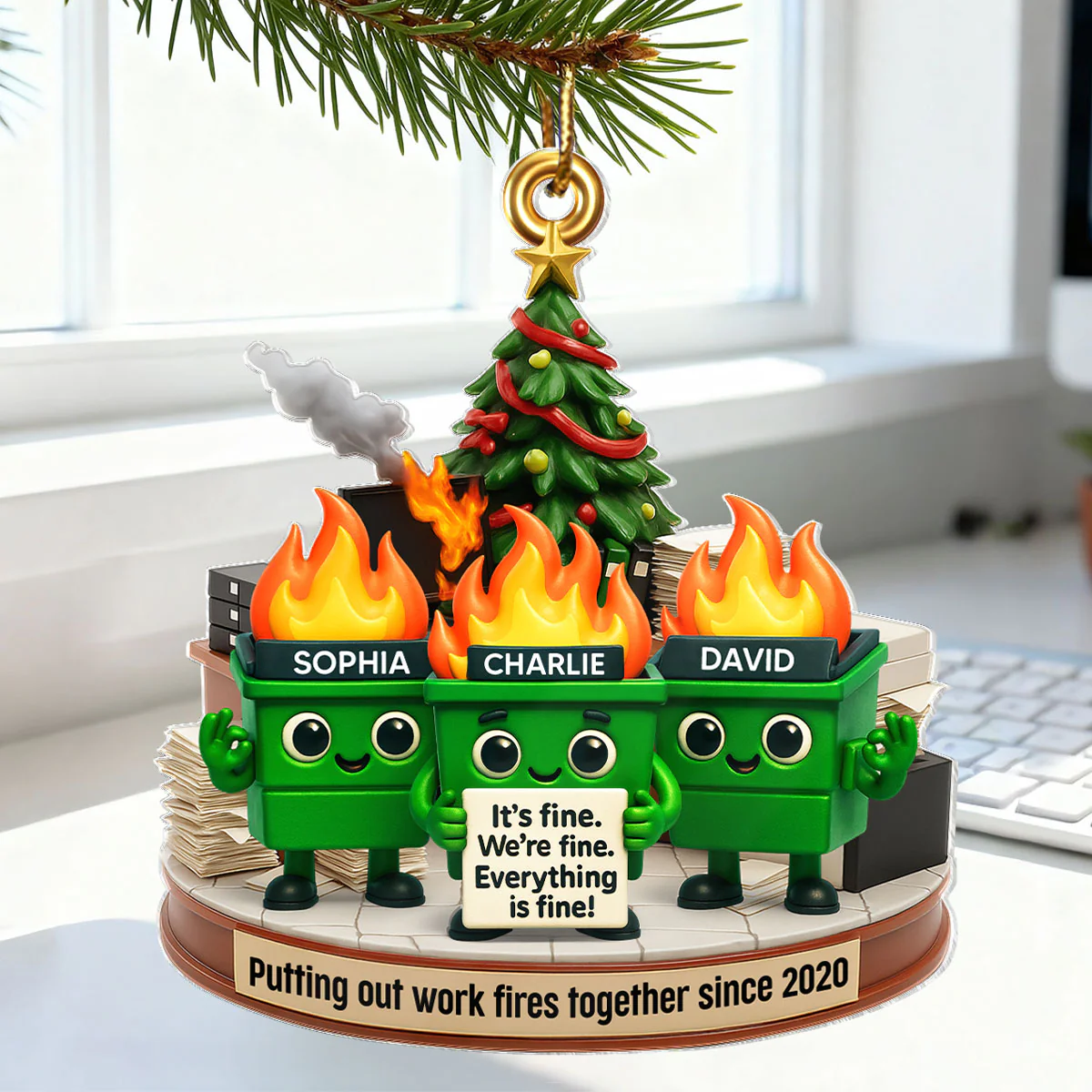 Funny Dumpster Fire Office Chaos Background - Personalized Acrylic Ornament - Funny Christmas Gift, White Elephant Gift for Coworkers - Image 7