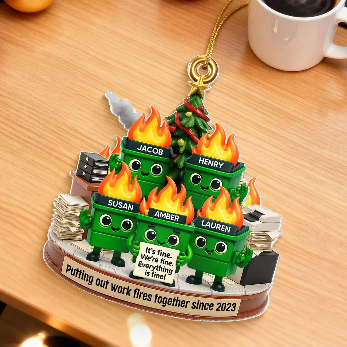 Funny Dumpster Fire Office Chaos Background - Personalized Acrylic Ornament - Funny Christmas Gift, White Elephant Gift for Coworkers - Image 8