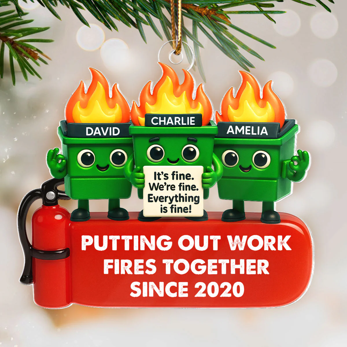 Funny Dumpster Fire Office Chaos - Personalized Acrylic Ornament - Funny Christmas Gift, White Elephant Gift for Coworkers