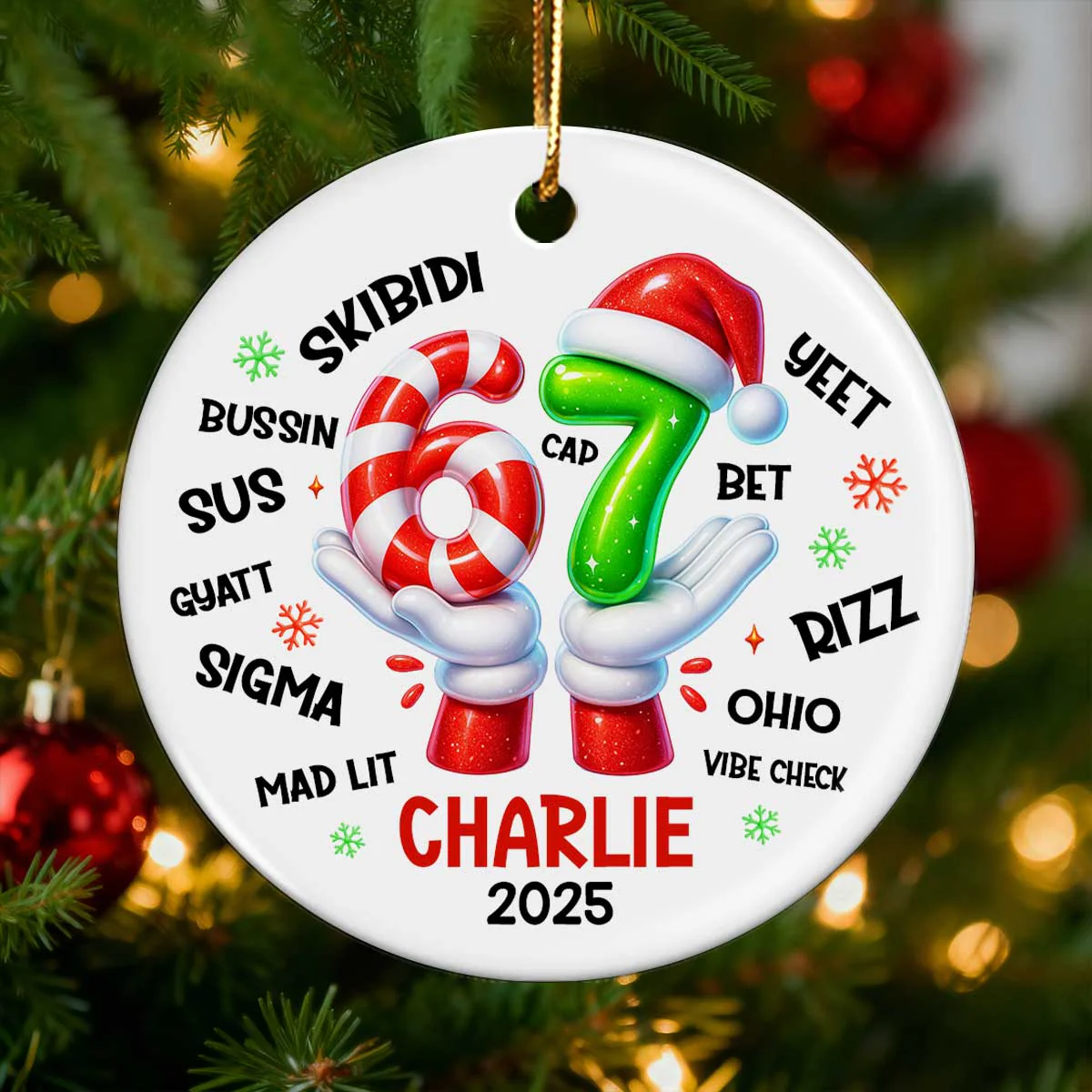 Funny Kids Six Seven Christmas - Personalized Ceramic Ornament - 2025 Slang Christmas, Funny Teen Grandkid Ornament, Gen Alpha Christmas Gift - 67 Gift