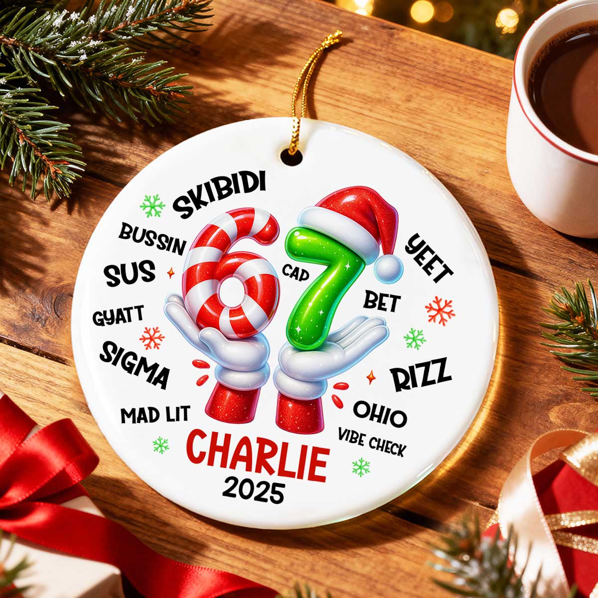 Funny Kids Six Seven Christmas - Personalized Ceramic Ornament - 2025 Slang Christmas, Funny Teen Grandkid Ornament, Gen Alpha Christmas Gift - 67 Gift - Image 5