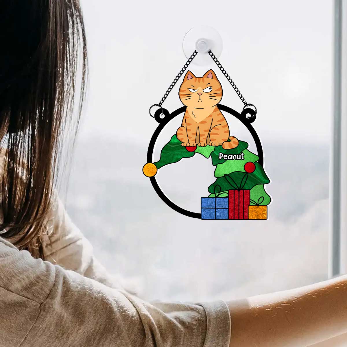 Funny Naughty Cat On Falling Christmas Tree Personalized Suncatcher, Christmas Decoration - Image 5