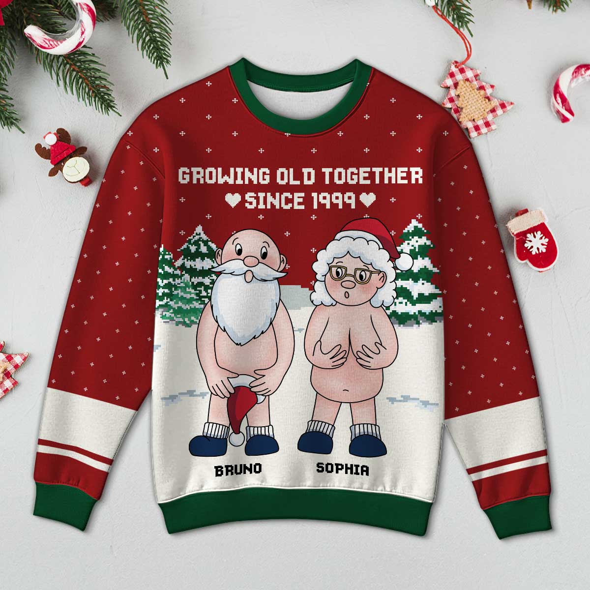 Funny Old Couple Growing Old Together Personalized Faux Knitting Ugly Sweater