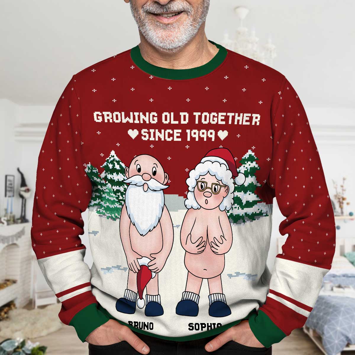 Funny Old Couple Growing Old Together Personalized Faux Knitting Ugly Sweater - Image 2