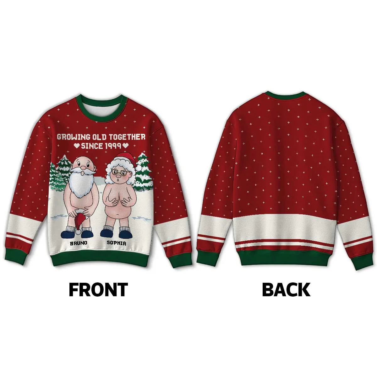 Funny Old Couple Growing Old Together Personalized Faux Knitting Ugly Sweater - Image 4