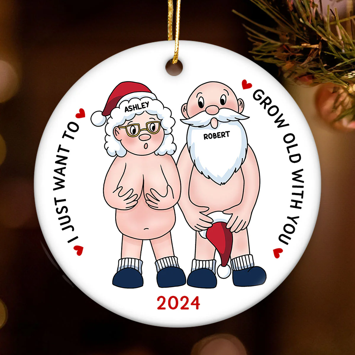 Funny Old Couple Personalized Circle Ceramic Ornament Christmas Gift for Him for Her