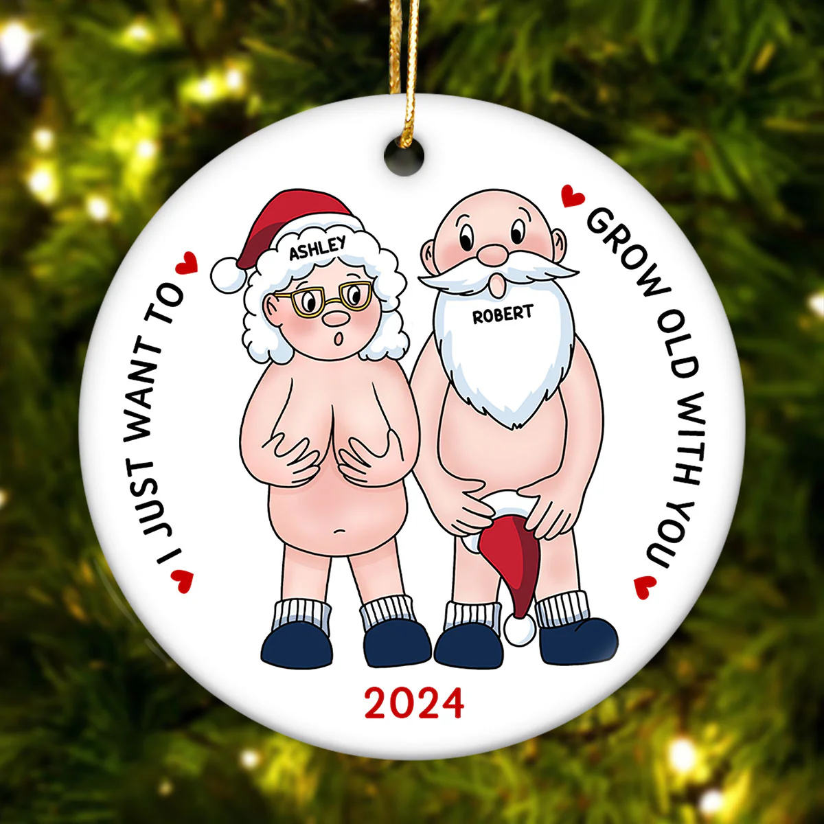 Funny Old Couple Personalized Circle Ceramic Ornament Christmas Gift for Him for Her - Image 2