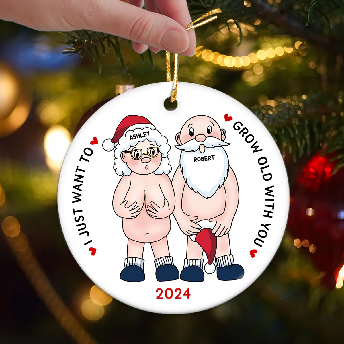 Funny Old Couple Personalized Circle Ceramic Ornament Christmas Gift for Him for Her - Image 3