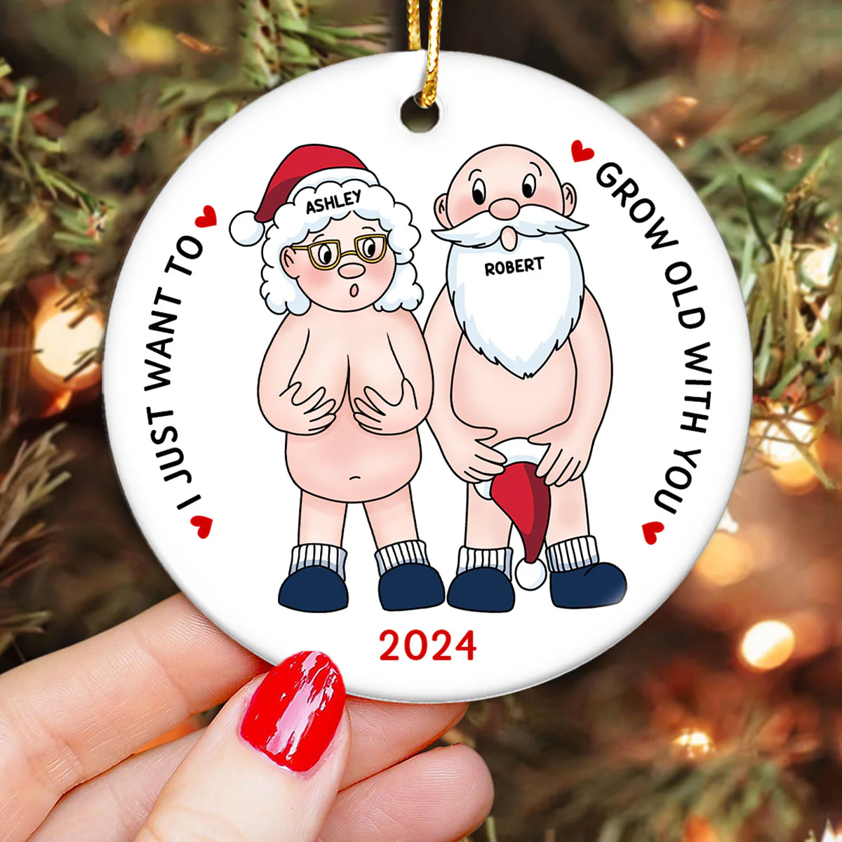 Funny Old Couple Personalized Circle Ceramic Ornament Christmas Gift for Him for Her - Image 4