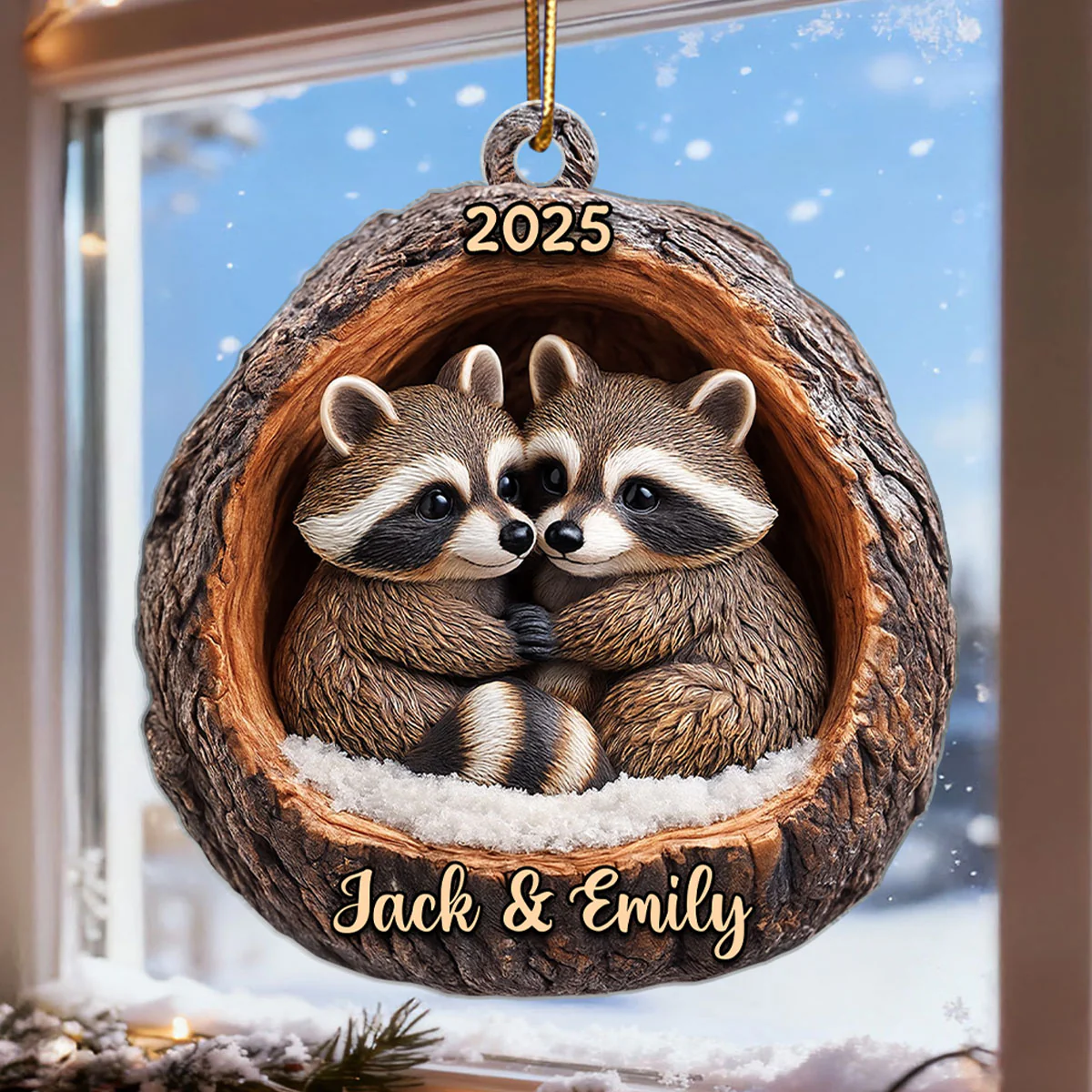 Funny Raccoon Couple 3D Wooden Effect - Personalized Acrylic Ornament - Christmas Gift for her, Gift for him - Image 3