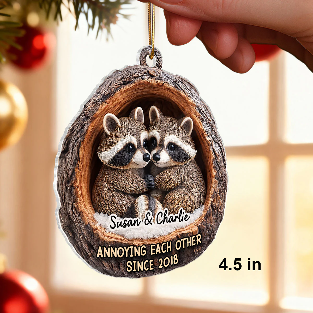 Funny Raccoon Couple Annoying Each Other 3D Wooden Effect - Personalized Acrylic Ornament - Christmas Gift for her, Gift for him - Image 2