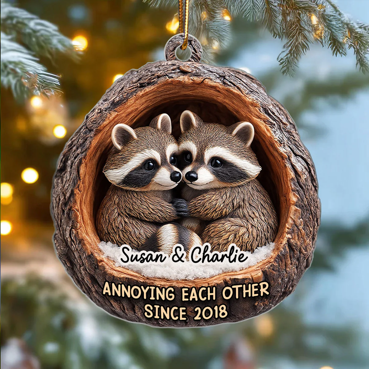 Funny Raccoon Couple Annoying Each Other 3D Wooden Effect - Personalized Acrylic Ornament - Christmas Gift for her, Gift for him - Image 3