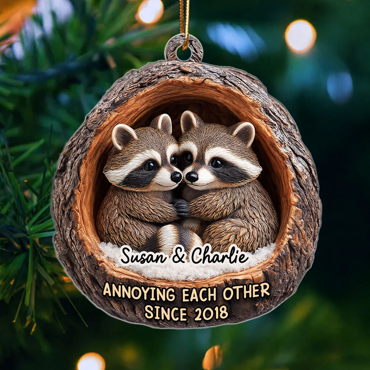 Funny Raccoon Couple Annoying Each Other 3D Wooden Effect - Personalized Acrylic Ornament - Christmas Gift for her, Gift for him - Image 4