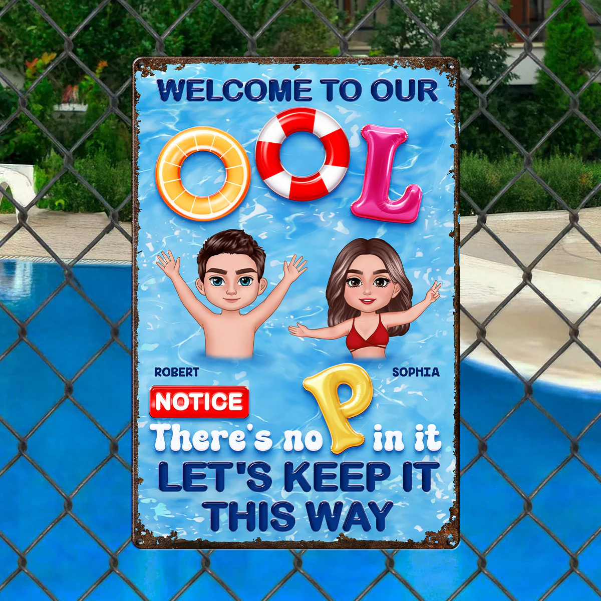 Funny Summer Family Couple Welcome To Our Pool No P Personalized Metal Sign - Image 2