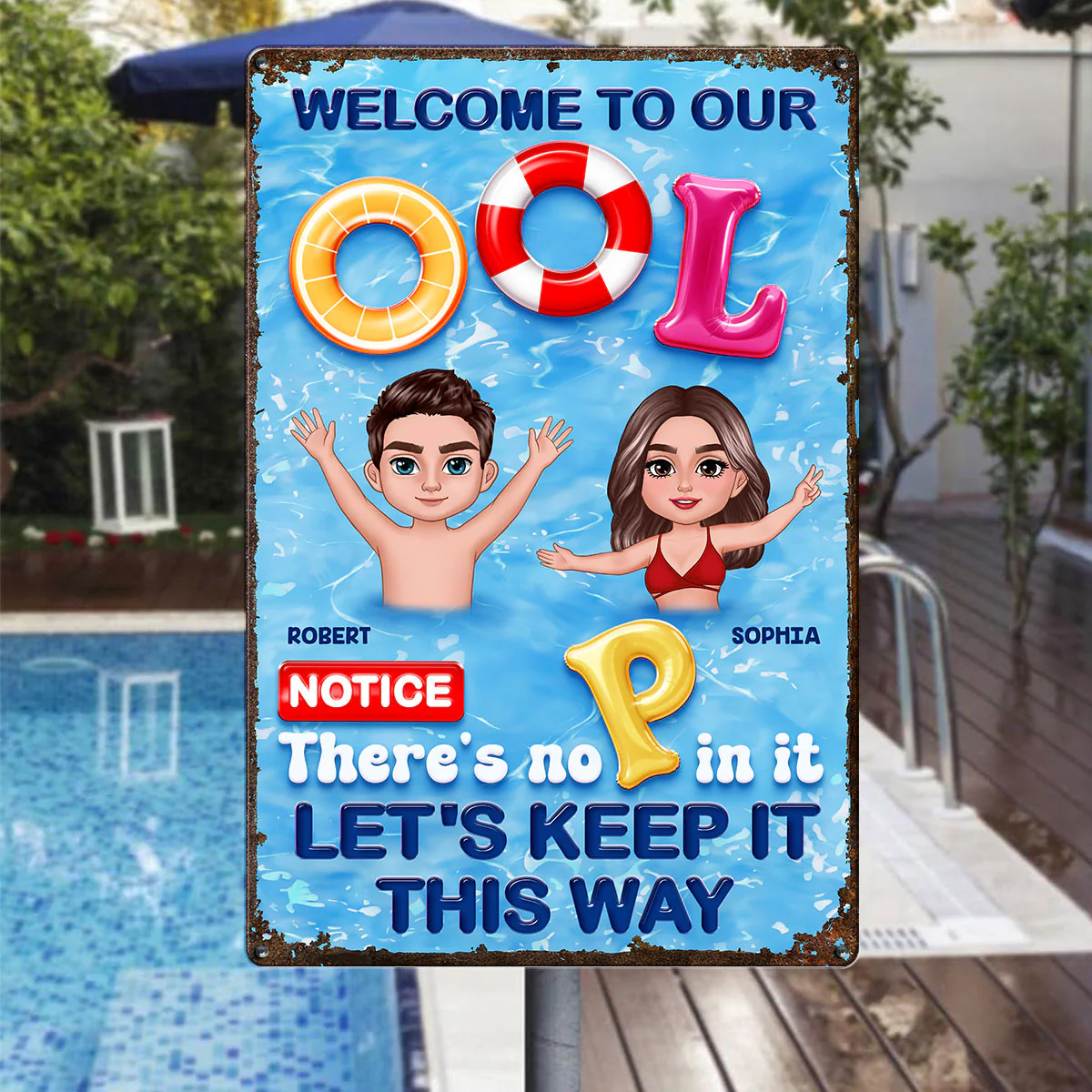 Funny Summer Family Couple Welcome To Our Pool No P Personalized Metal Sign - Image 4