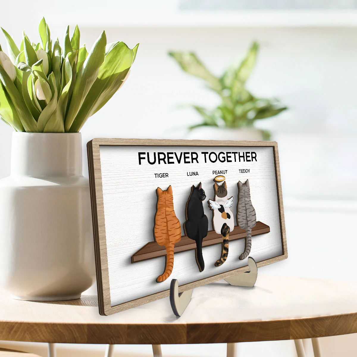 Furever Together Cat Portrait Prints Cats On A Shelf Personalized 2-Layer Wooden Plaque - Image 3