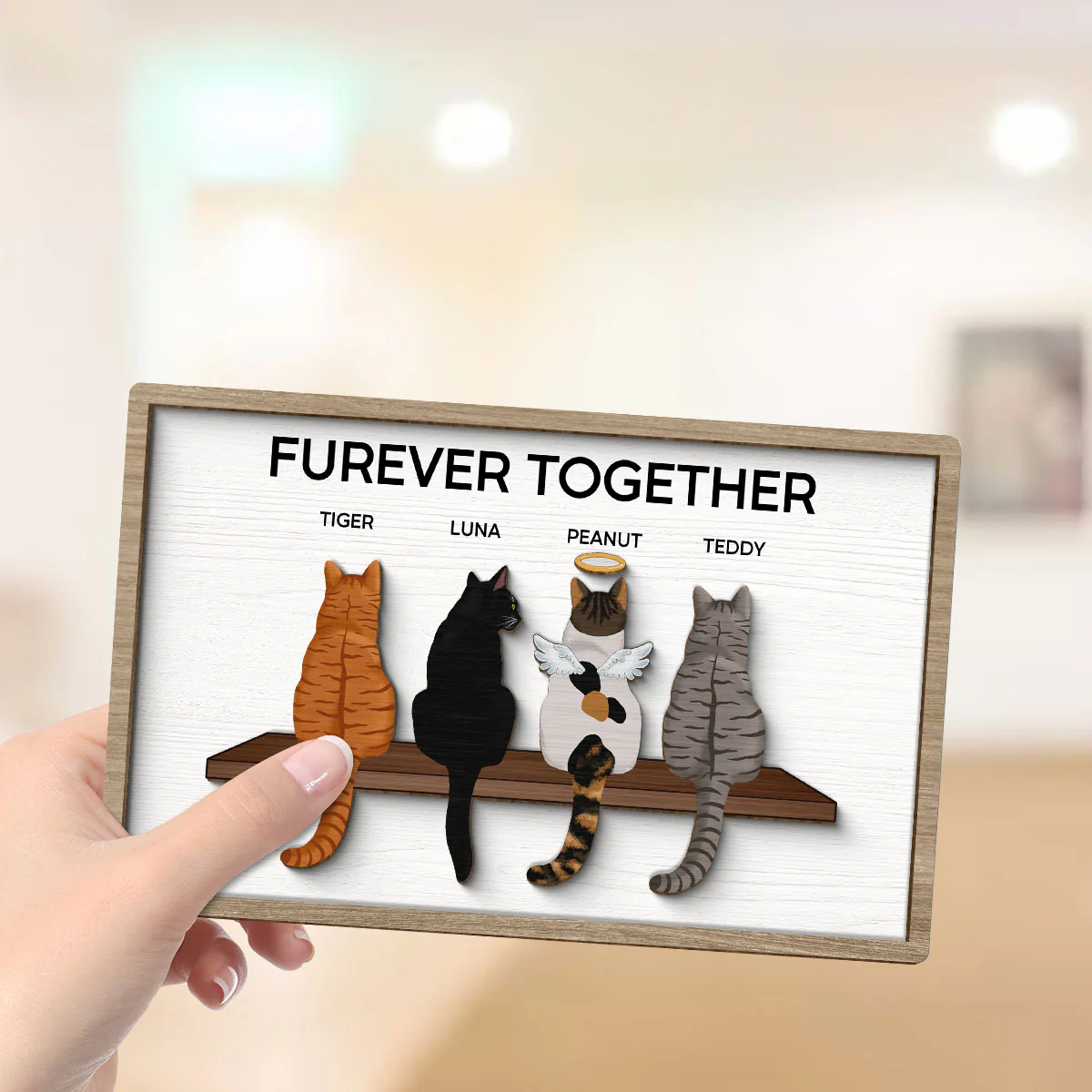 Furever Together Cat Portrait Prints Cats On A Shelf Personalized 2-Layer Wooden Plaque - Image 4