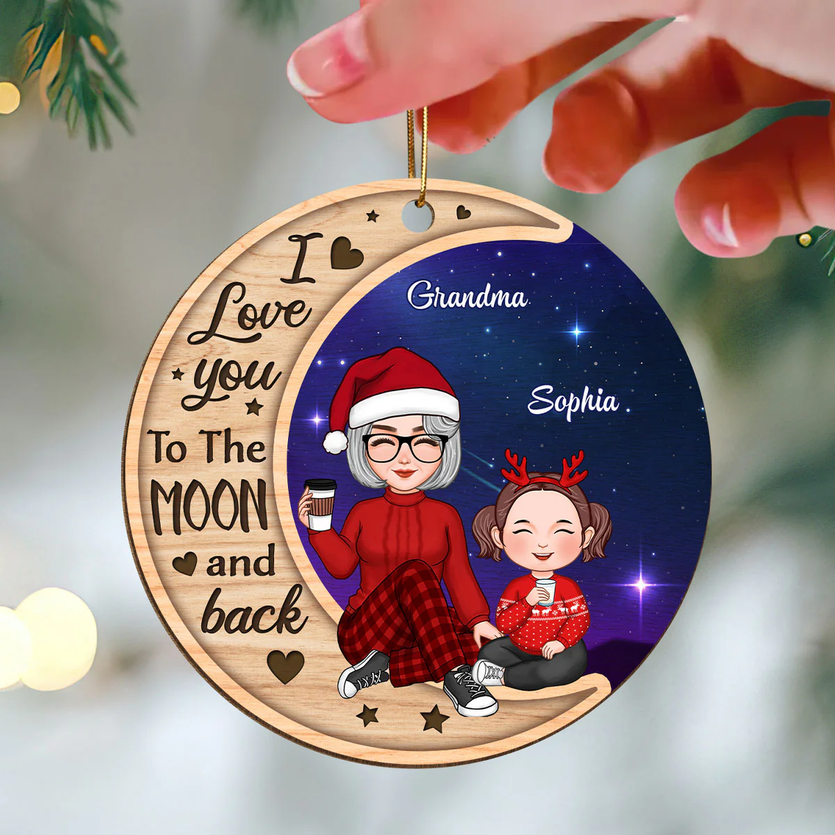 Galaxy Background Cute Grandma Grandkids Personalized Wooden Ornament - Image 3