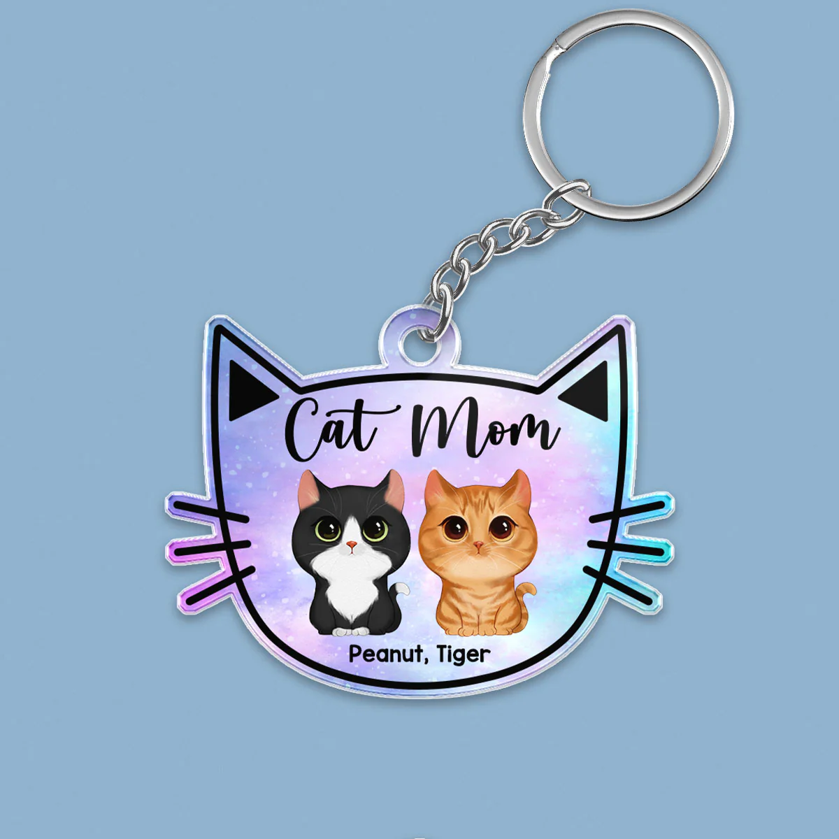 Galaxy Cat Mom Watercolor Cute Cats Cat Face Shape Personalized Acrylic Keychain - Image 2