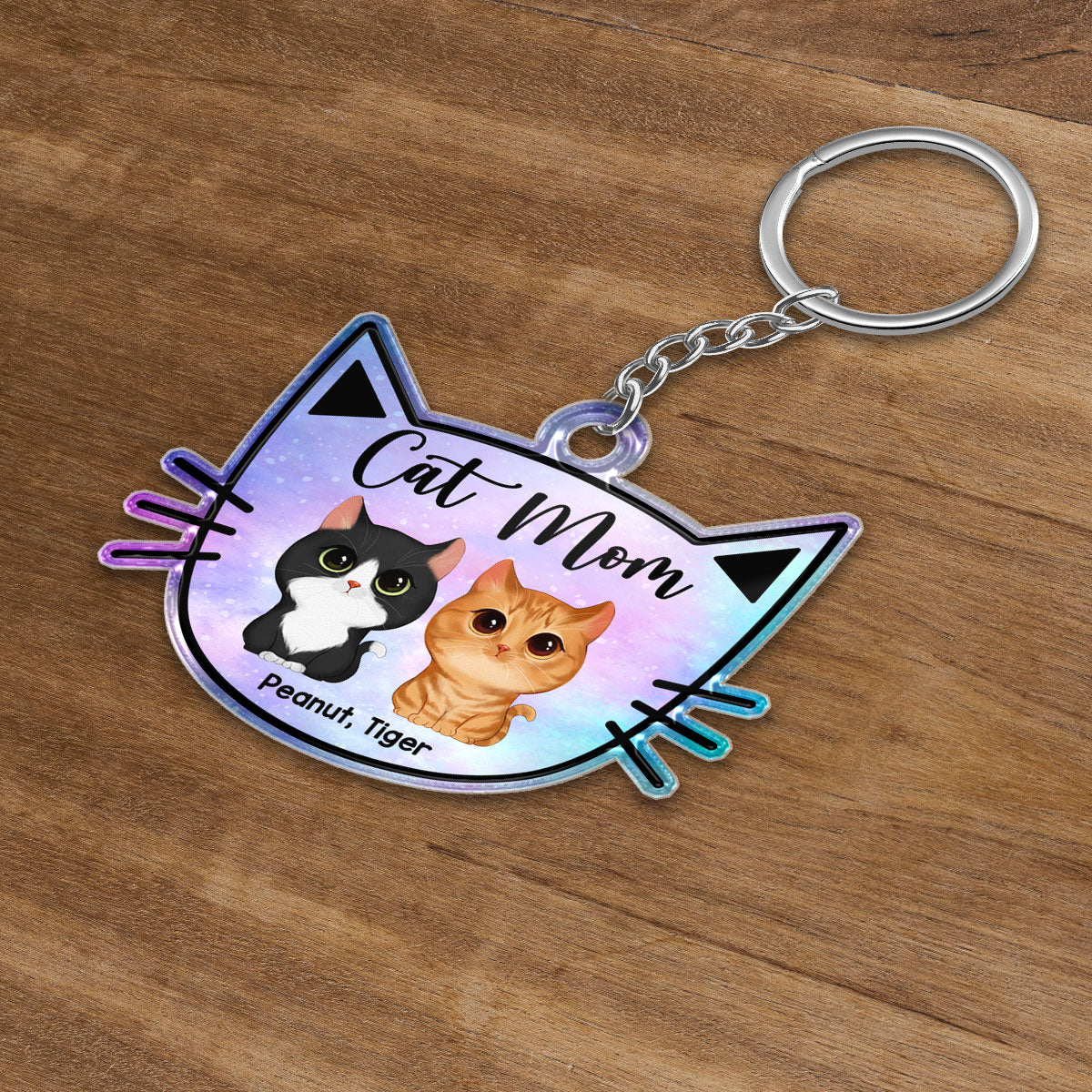 Galaxy Cat Mom Watercolor Cute Cats Cat Face Shape Personalized Acrylic Keychain - Image 3