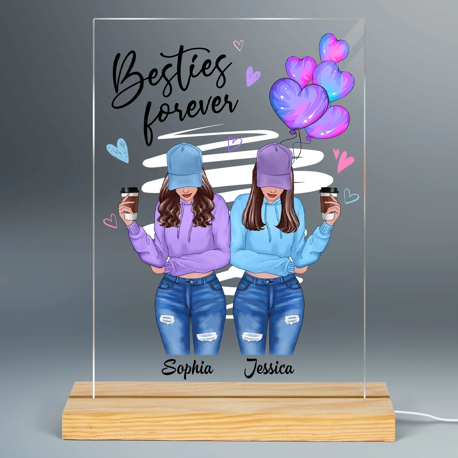 Galaxy Color Hearts Besties Forever Front View Besties Personalized Rectangle Acrylic Plaque LED Light Night - Image 2