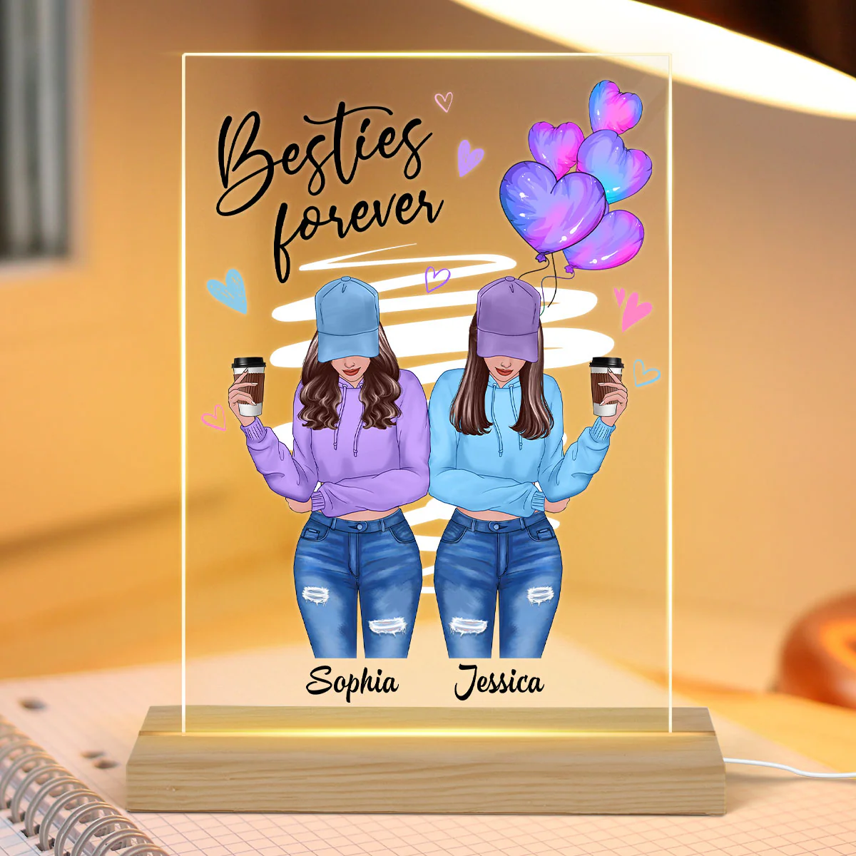 Galaxy Color Hearts Besties Forever Front View Besties Personalized Rectangle Acrylic Plaque LED Light Night - Image 3