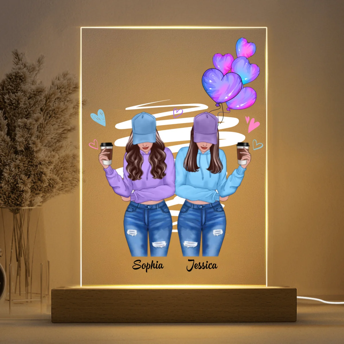 Galaxy Color Hearts Besties Forever Front View Besties Personalized Rectangle Acrylic Plaque LED Light Night - Image 4