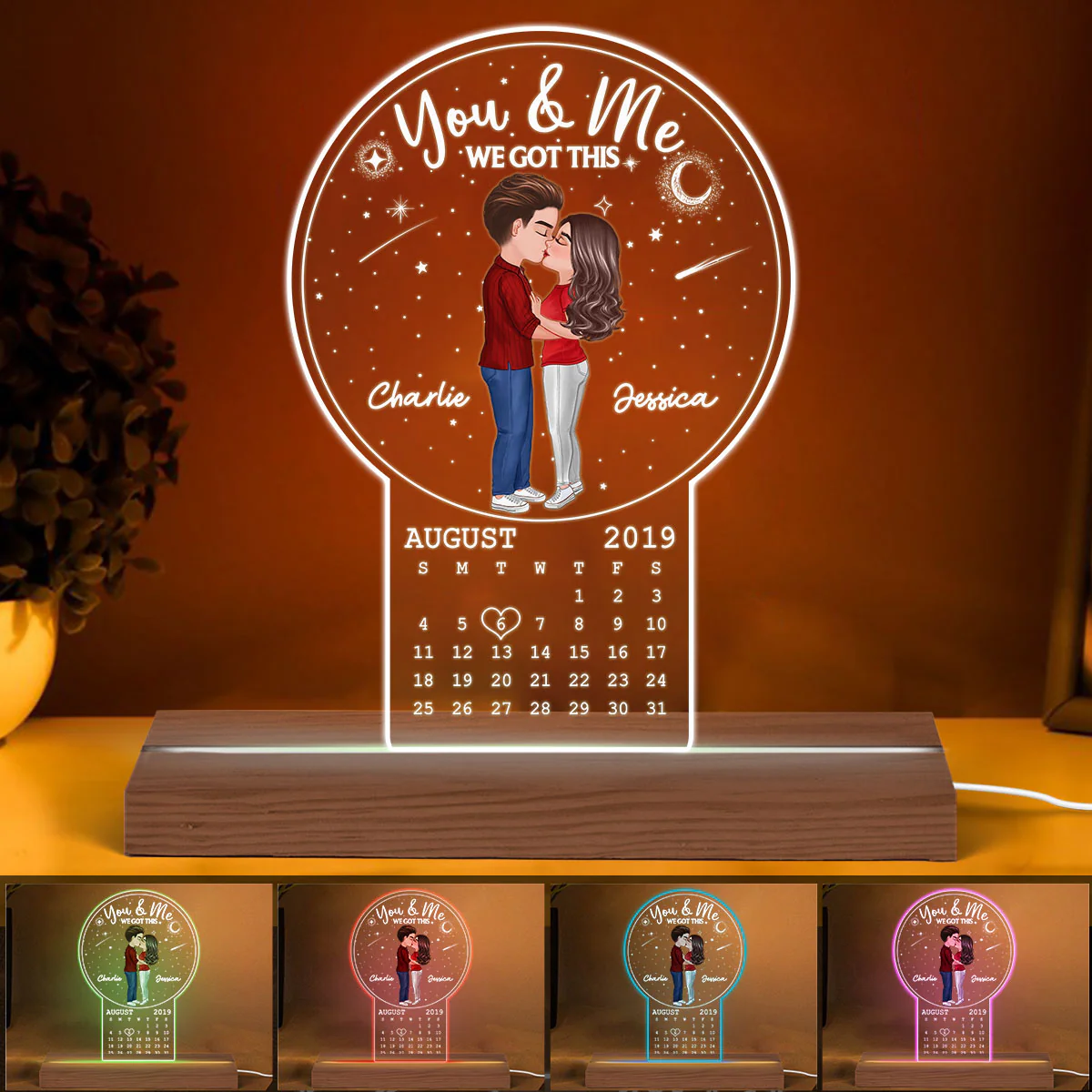 Galaxy Doll Couple Kissing Calendar Anniversary Date Personalized Custom Shape LED Night Light