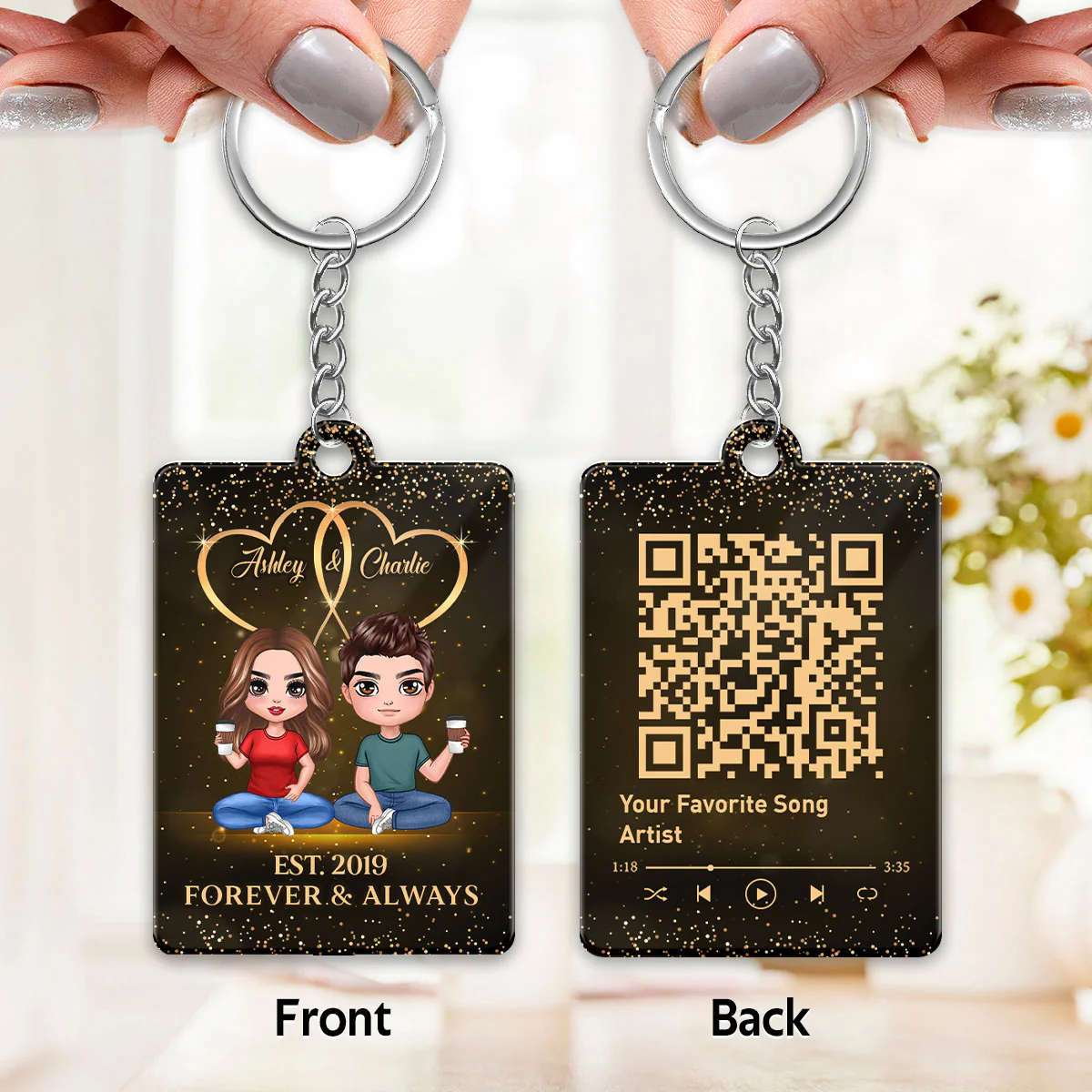 Galaxy Doll Couple Sitting Favorite Song Scannable QR Code Personalized Acrylic Keychain