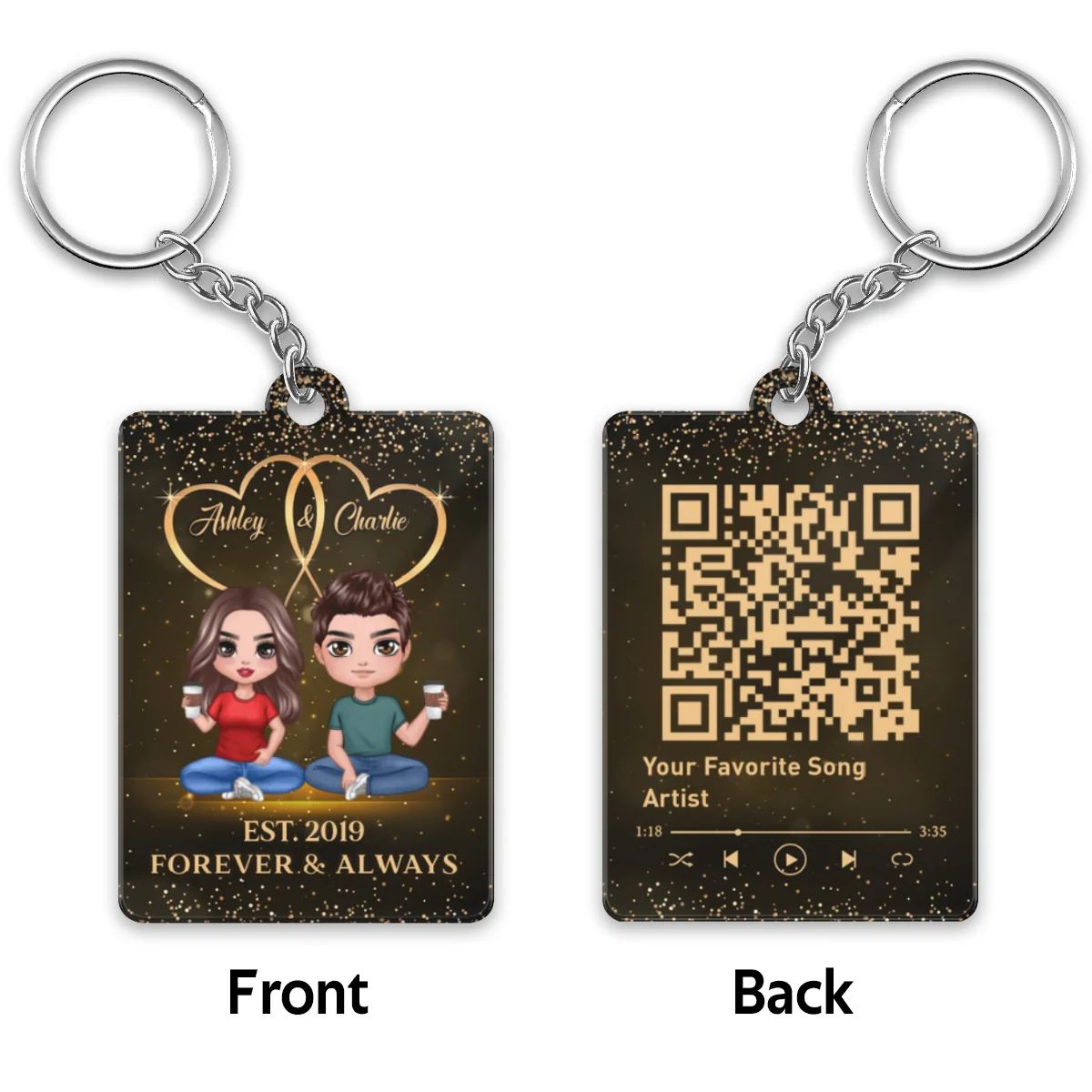 Galaxy Doll Couple Sitting Favorite Song Scannable QR Code Personalized Acrylic Keychain - Image 5