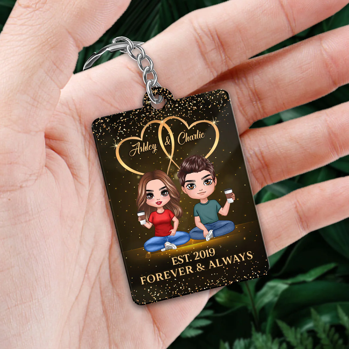 Galaxy Doll Couple Sitting Favorite Song Scannable QR Code Personalized Acrylic Keychain - Image 3