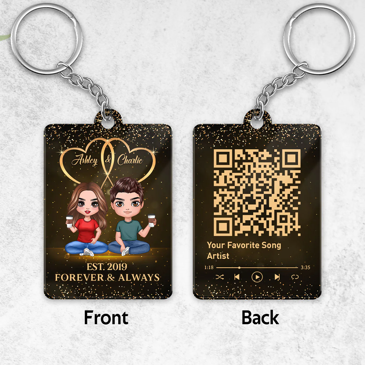 Galaxy Doll Couple Sitting Favorite Song Scannable QR Code Personalized Acrylic Keychain - Image 4
