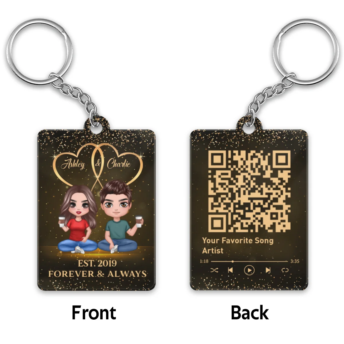 Galaxy Doll Couple Sitting Favorite Song Scannable QR Code Personalized Acrylic Keychain - Image 5