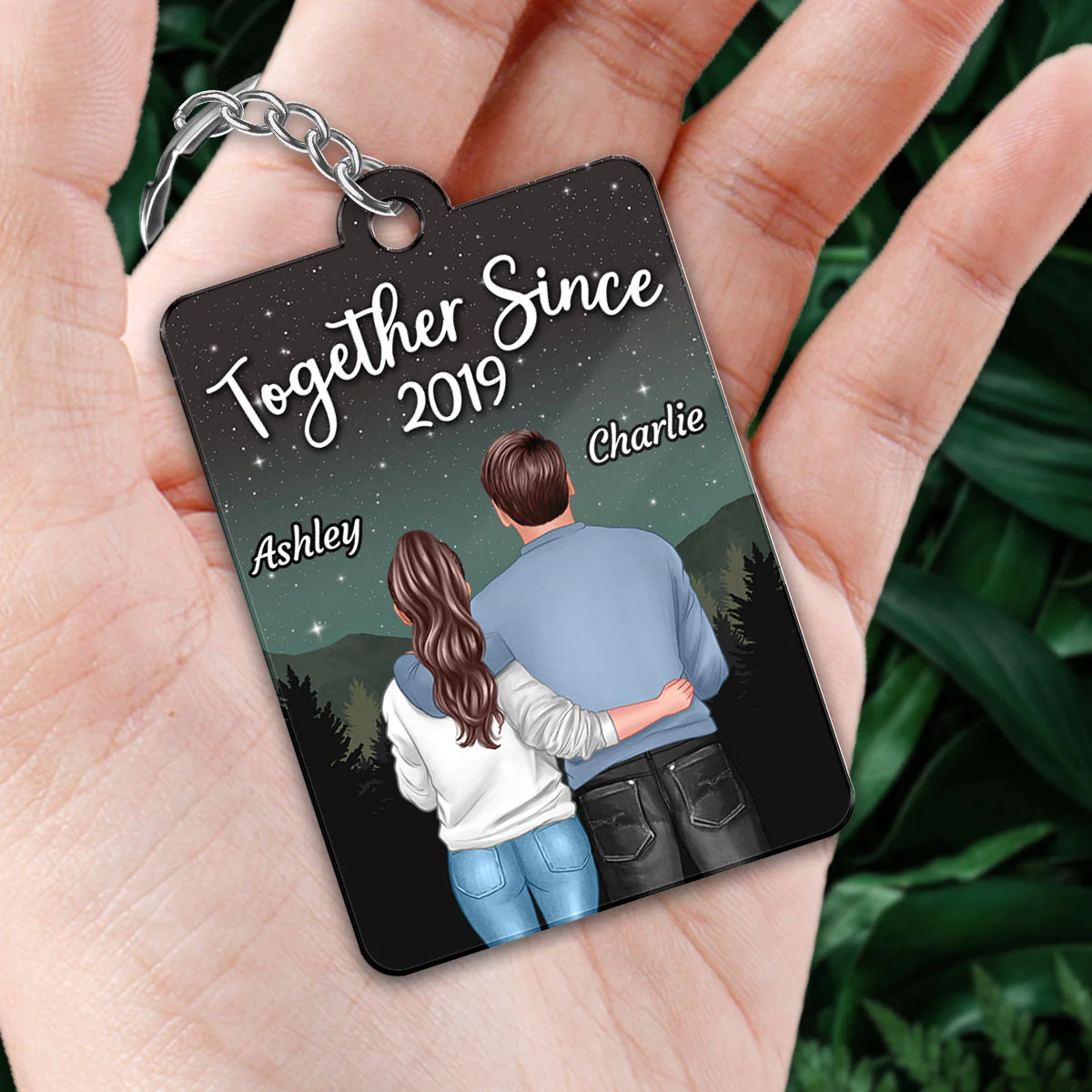 Galaxy Night Back View Couple Standing Hugging Favorite Song Scannable QR Code Personalized Acrylic Keychain - Image 2