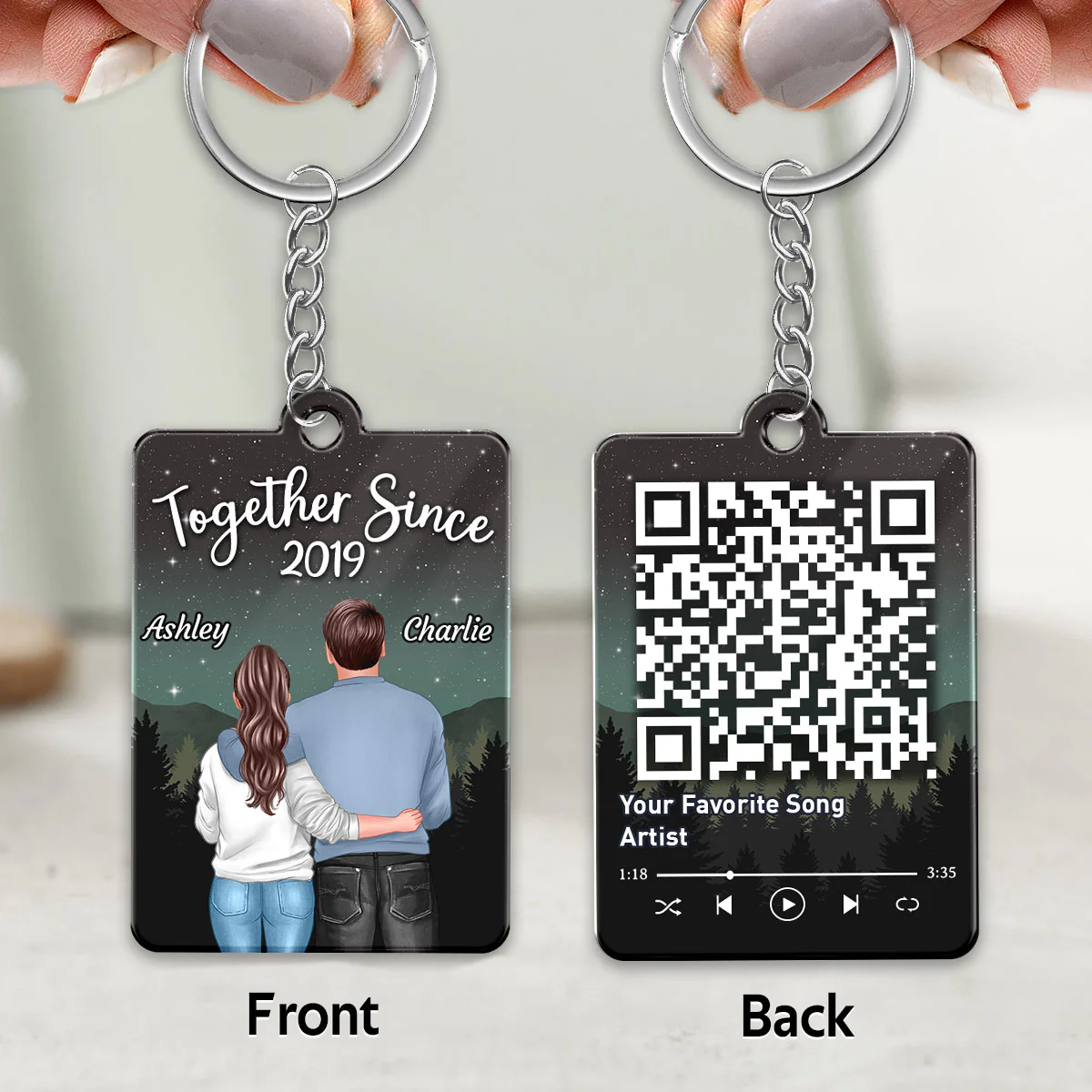 Galaxy Night Back View Couple Standing Hugging Favorite Song Scannable QR Code Personalized Acrylic Keychain - Image 3