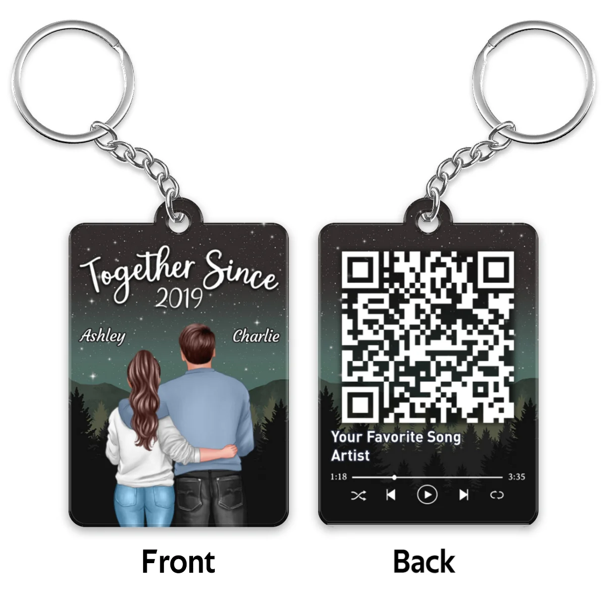 Galaxy Night Back View Couple Standing Hugging Favorite Song Scannable QR Code Personalized Acrylic Keychain - Image 4