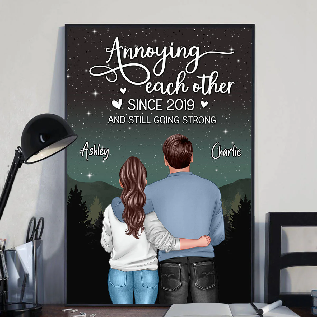 Galaxy Night Back View Couple Standing Hugging Personalized Vertical Poster - Image 3