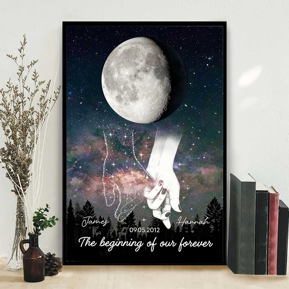 Galaxy Night Couple Holding Hands Custom Moon Phase Anniversary Date - Personalized Poster - Heartfelt Anniversary Gift, Valentine Gift, Wedding Gift For Couple - Image 9
