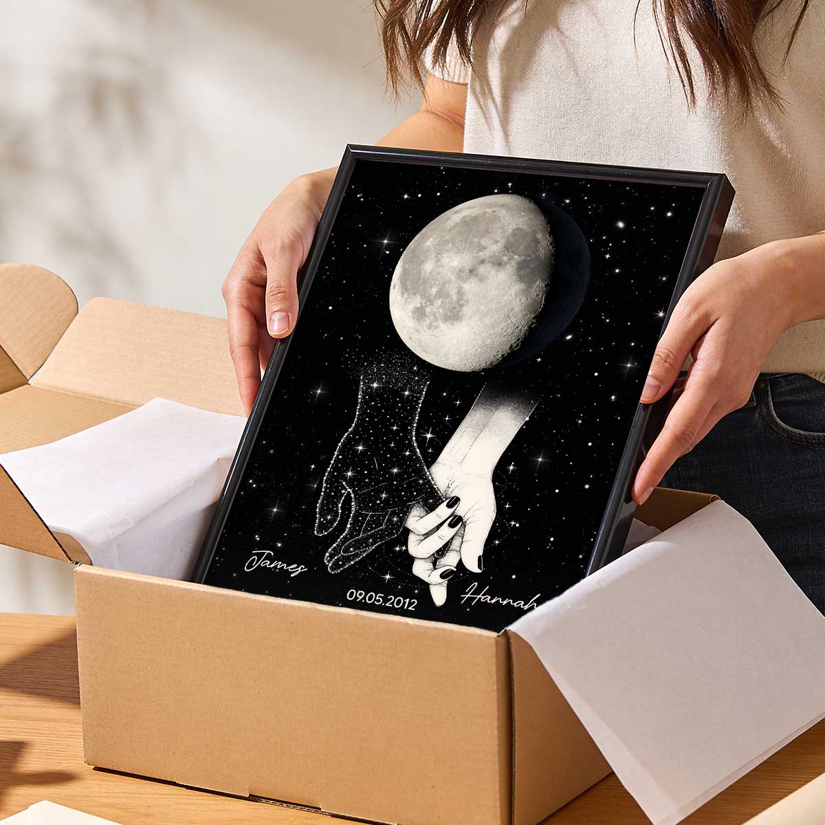 Galaxy Night Couple Holding Hands Custom Moon Phase Anniversary Date - Personalized Poster - Heartfelt Anniversary Gift, Valentine Gift, Wedding Gift For Couple - Image 2