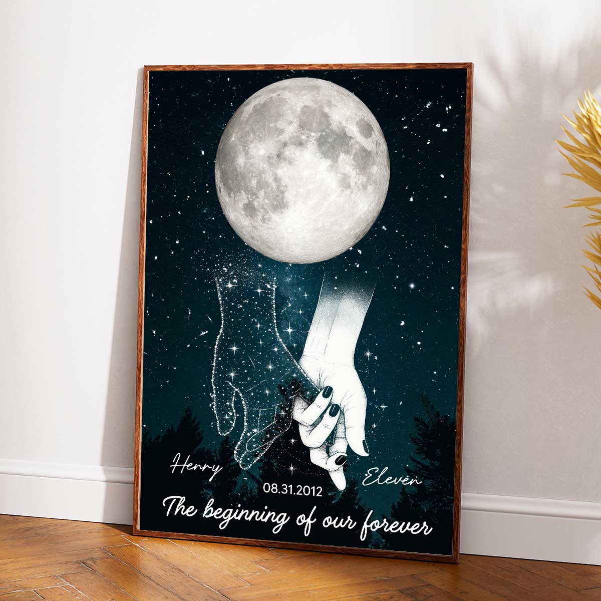 Galaxy Night Couple Holding Hands Custom Moon Phase Anniversary Date - Personalized Poster - Heartfelt Anniversary Gift, Valentine Gift, Wedding Gift For Couple - Image 3