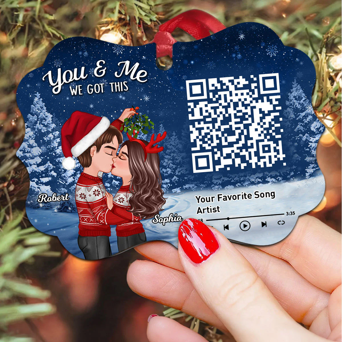 Galaxy Night Couple Kissing Under Mistletoe Favorite Song Scannable QR Code Christmas Personalized Christmas Ornament - Image 3