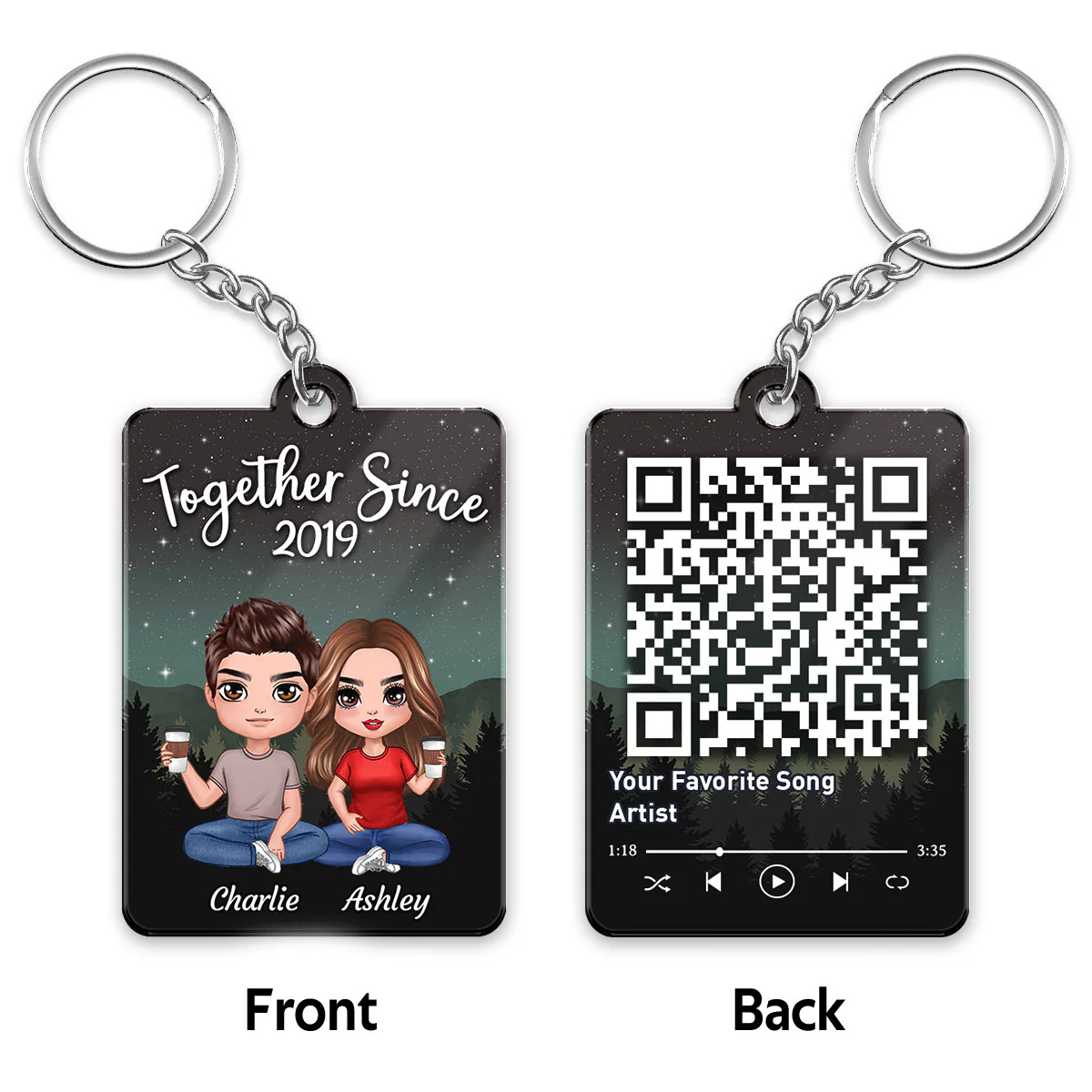 Galaxy Night Doll Couple Sitting Favorite Song Scannable QR Code Personalized Acrylic Keychain