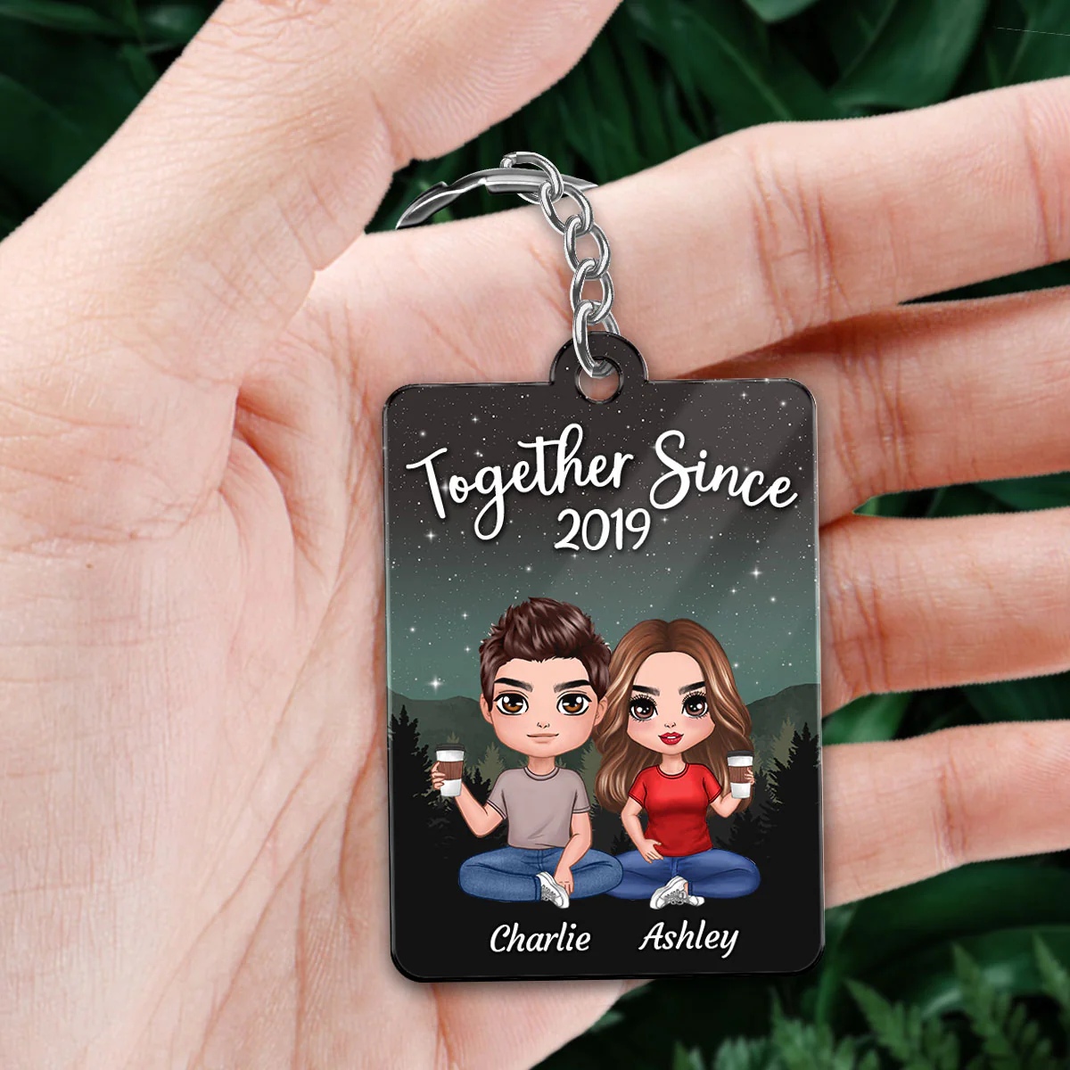 Galaxy Night Doll Couple Sitting Favorite Song Scannable QR Code Personalized Acrylic Keychain - Image 2